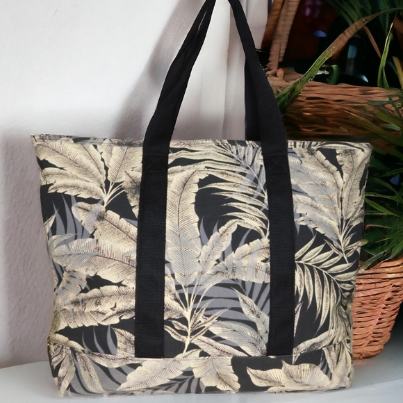 Tropical Black & Grey Floral Print Summer Tote Bag - Picture 3 of 5